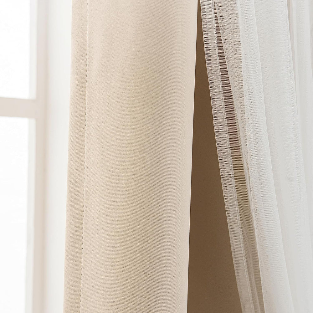 INLINAS Blackout Curtains with Sheer Overlay, Beige, 52x84 Inches