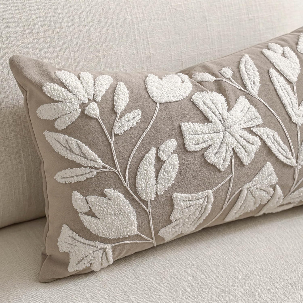 BlissBlush Long Lumbar Pillow Cover 14x36 for Bed, Light Taupe Floral Tufted ...