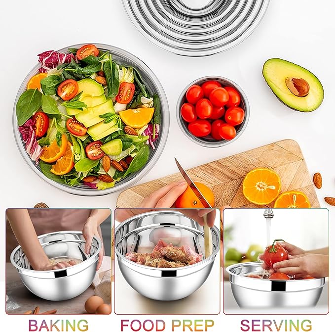 E-far Mixing Bowls with Lids Set, 7-Piece Stainless Steel Mixing Bowls with 3 - Image 2