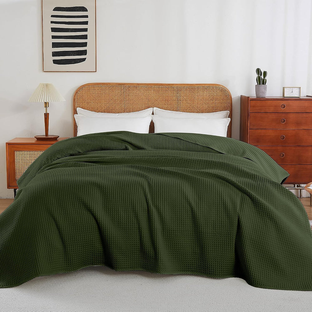 100% Cotton Waffle Throw Blanket for Bed Queen Size Olive Green, 90" x 9...