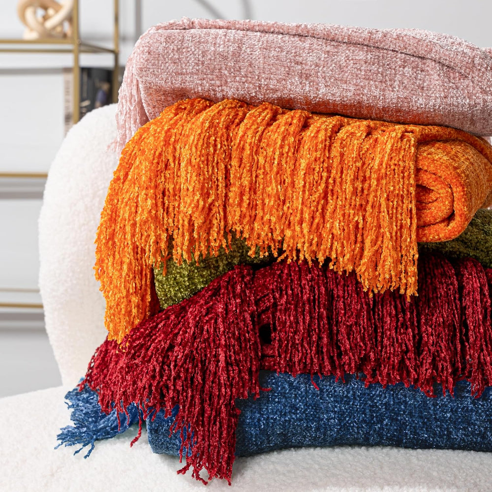PAVILIA Chenille Throw Blanket, Knit Twin Size Tassel Throw, Yellow 60x80