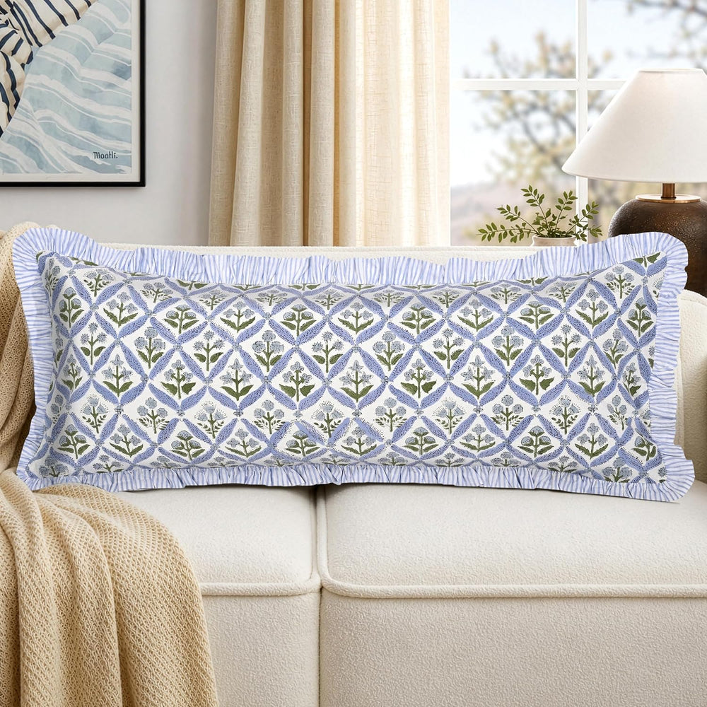 Ridhi Light Steel Blue Block Print Ruffle Pillow Sham 36x14 Inch Set of 1