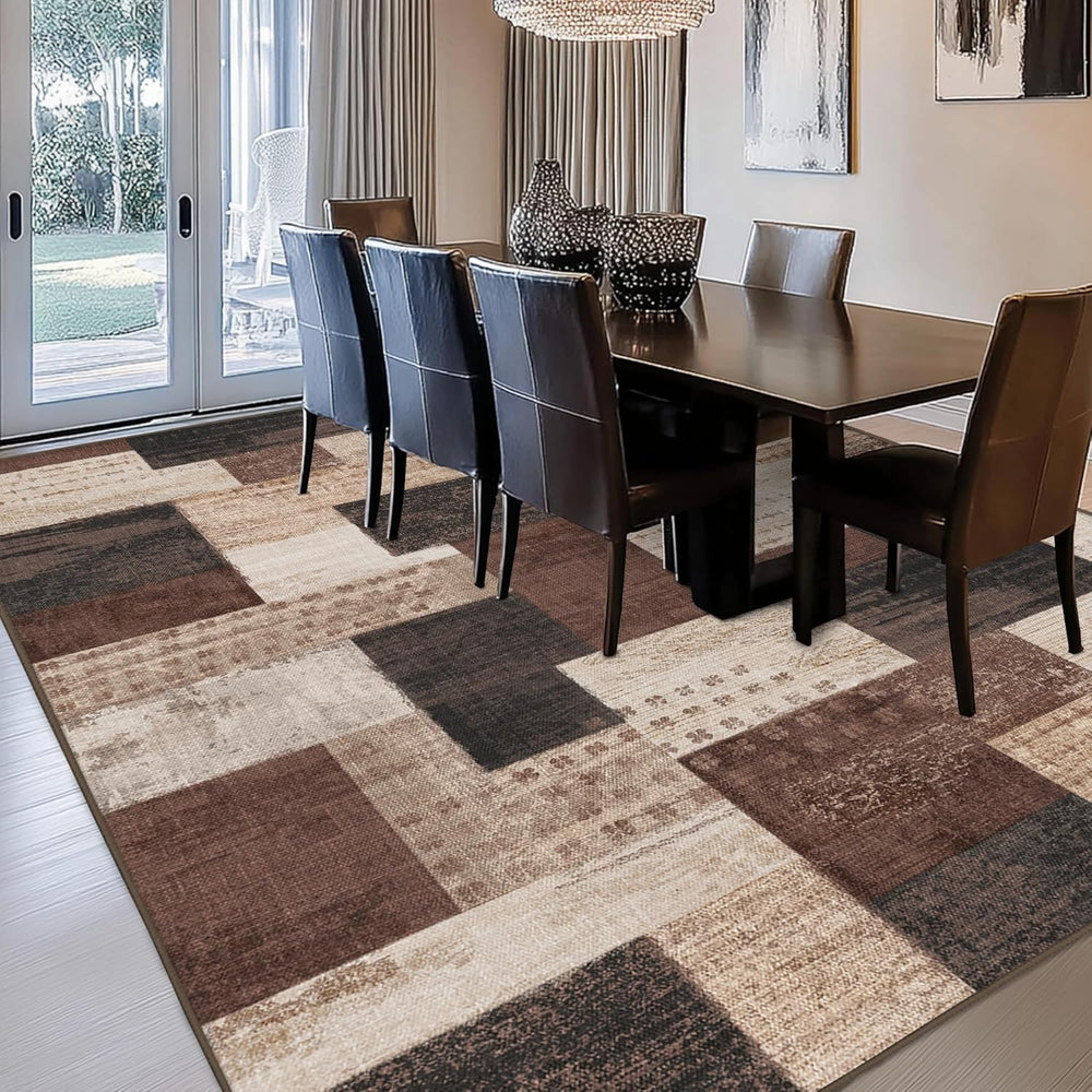Modern Geometric Patchwork Indoor Area Rug for Living Room, Chocolate 6'x...