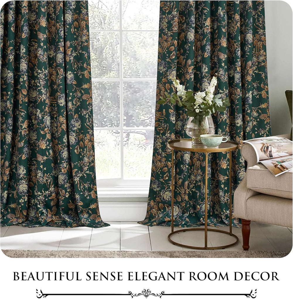 StangH Retro Green Floral Velvet Curtains for Bedroom, W52 x L96, 2 Panels