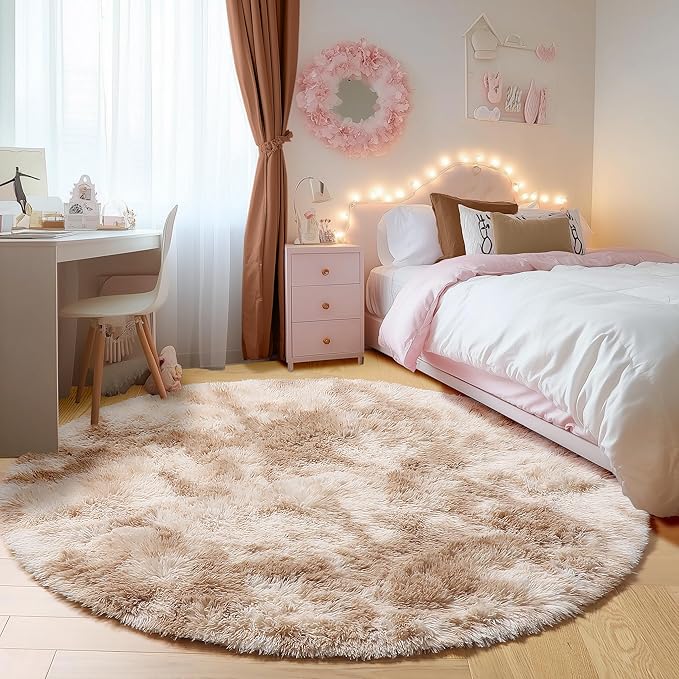 ONASAR Round Rugs 6ft for Living Room Bedroom, Tie-Dye Beige Fluffy Circle Area - Image 5