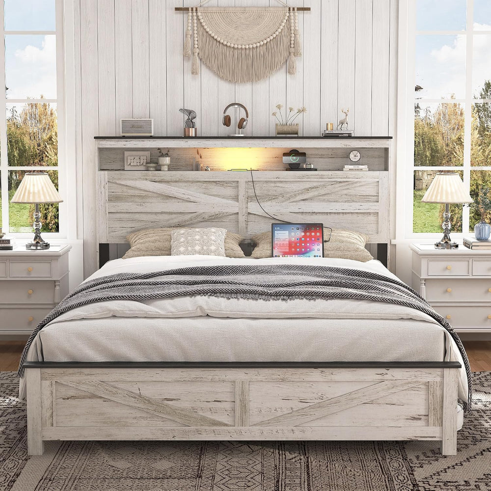 Full Size Farmhouse Wooden Bed Frame with Storage Headboard