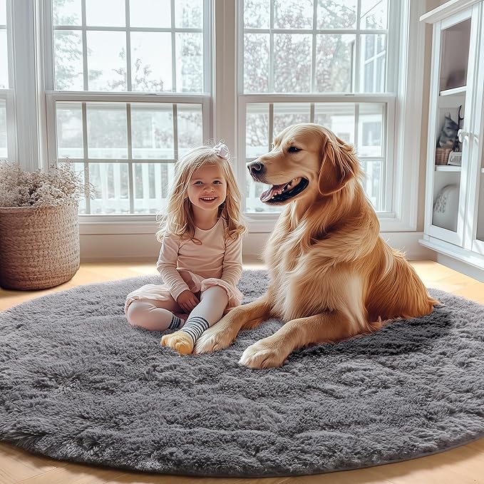 ONASAR Grey Round Area Rug 4ft, Fluffy Plush Shaggy Carpet Mats - Image 7
