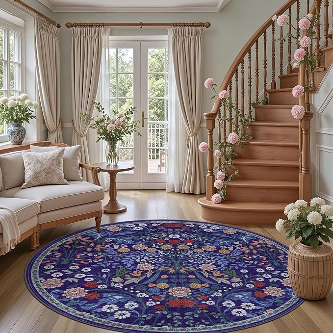 Round Area Rug for Living Room: 6 ft Floral Washable Circle Rug Soft Boho - Image 2