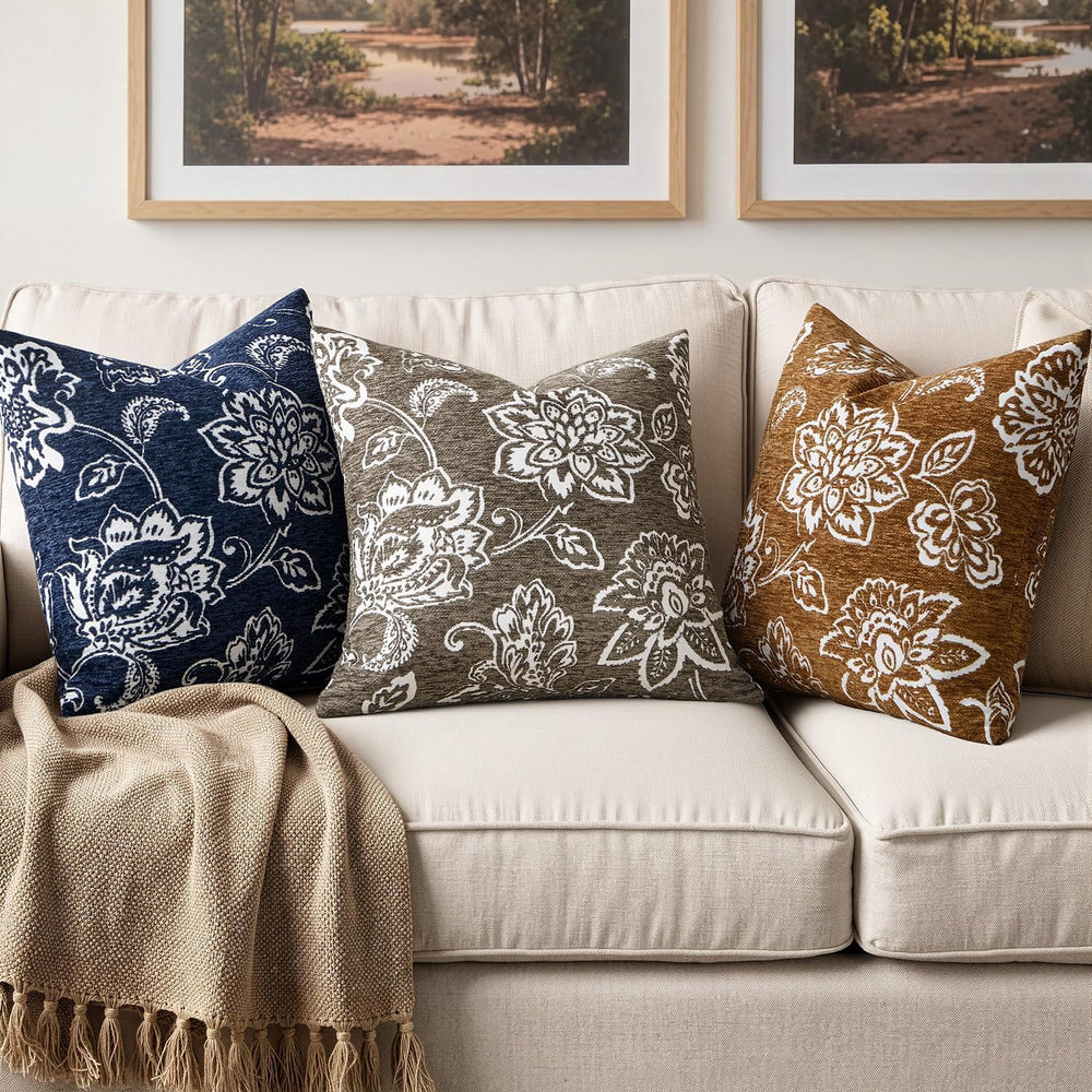 Set of 2 Chenille Floral Pillow Covers 20x20 Inch Navy Blue