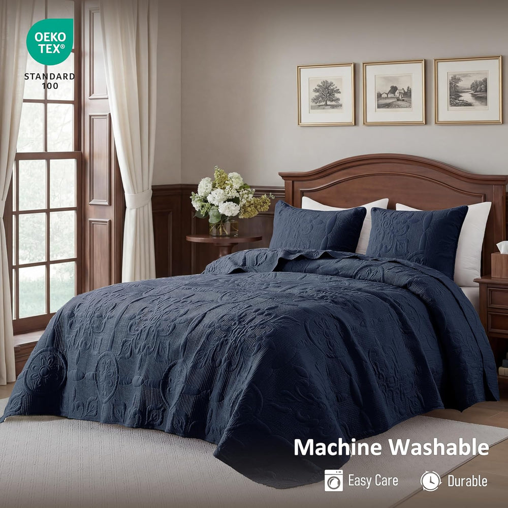 B2EVER Boho Quilt California King Size Bedding Set with Pillow Shams, Navy Bl...
