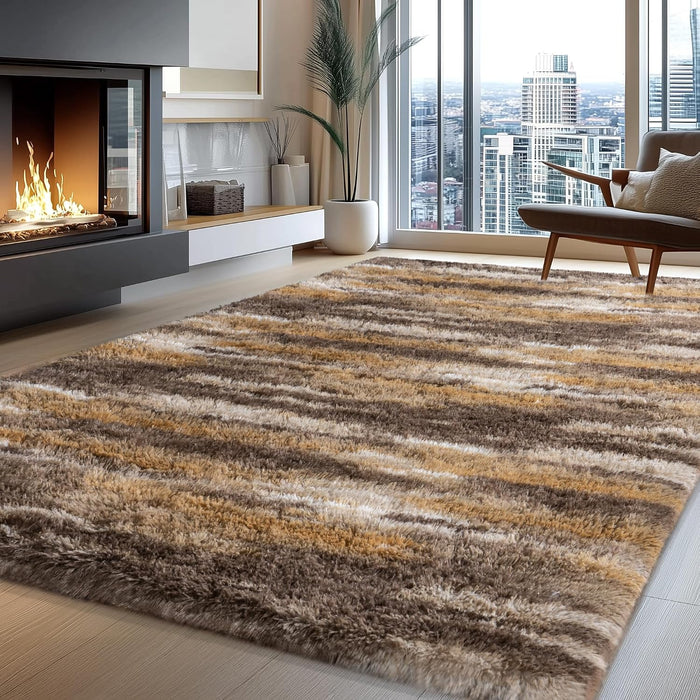 5x7 Abstract Brown Fluffy Rug for Bedroom Living Room Washable Non-Slip
