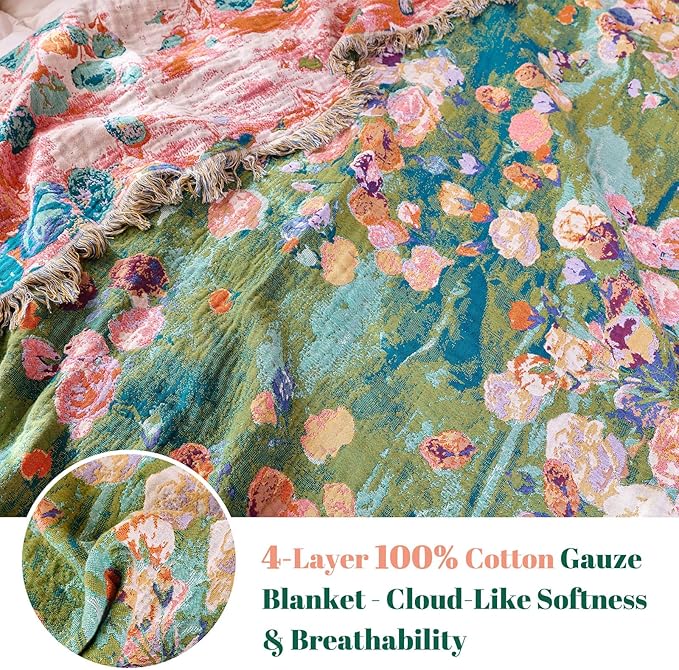 MSGKV Boho Throw Blanket for Bed Cotton Floral Twin Size Couch Blanket 60"x80" - Image 4