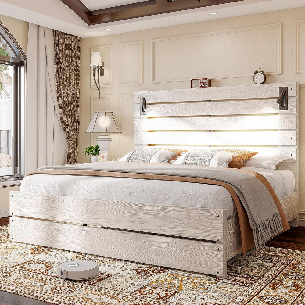 Jocisland Queen Bed Frame Farmhouse 51" Headboard＆Reading Lights, Ash White