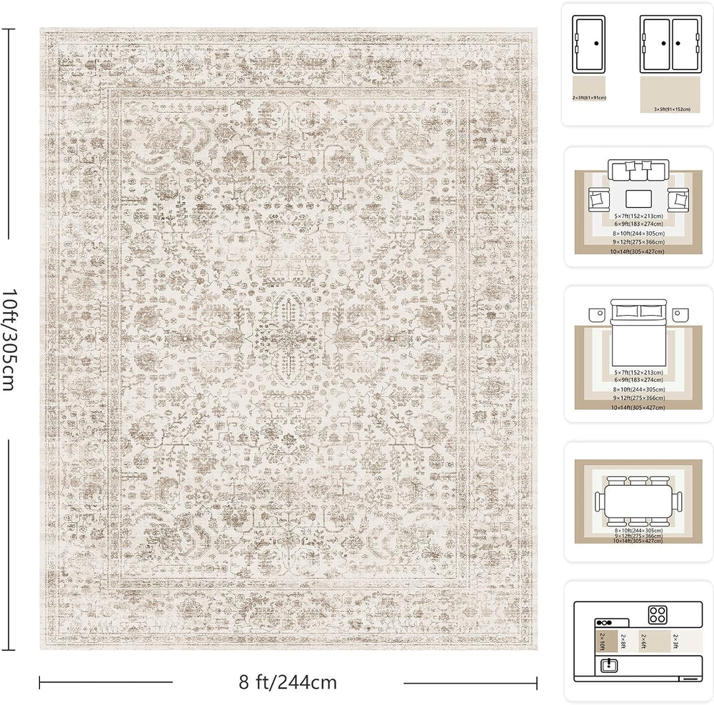 8x10 Area Rugs for Living Room, Washable Vintage Retro Floral Rug, Low Pile N...