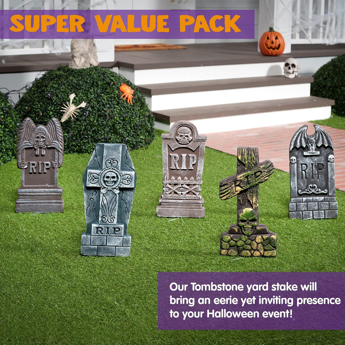 JOYIN 17” Halloween Foam RIP Graveyard Tombstones (5 Pack), Halloween Tombstones Outdoor Decorations for Graves Decorations with 12 Metal Stakes for Cemetery Yard Lawn Party Decor
