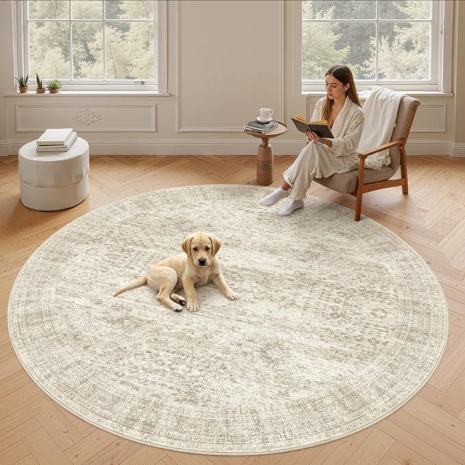 Soalmost 9x9 Beige Round Rug 9ft Living Room Circle Rug Vintage Round Area Rug - Image 9