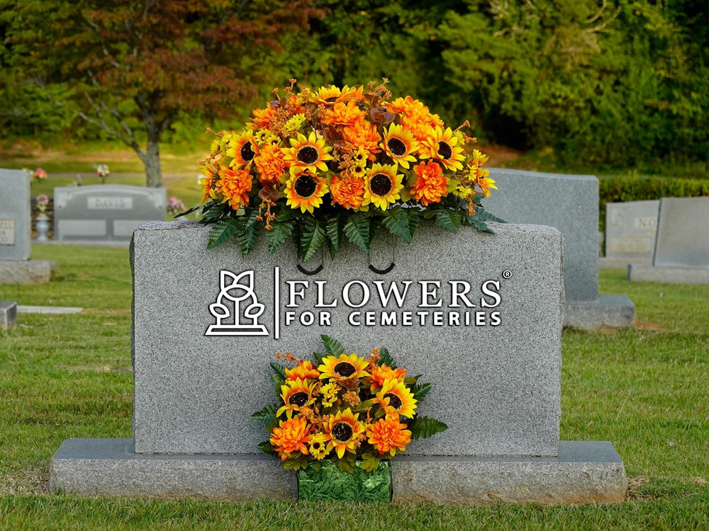 Sympathy Silks 30-Inch Fall Headstone Saddle, Sunflowers & Amber Mums