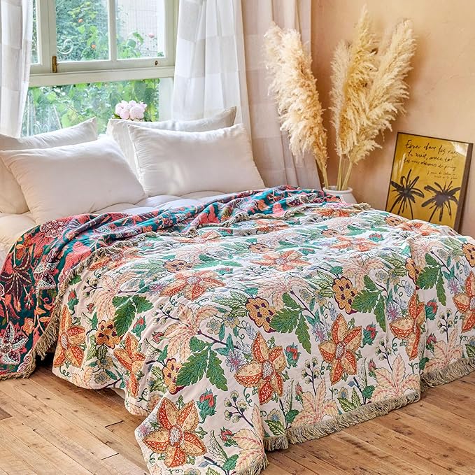 MSGKV Boho Throw Blanket for Couch Chair 100% Cotton Embroidery Floral Blanket - Image 6