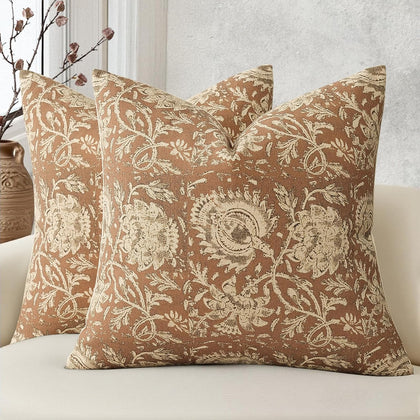 Vintage Floral Print Throw Pillow Covers 24x24 Set of 2 Neutral Modern Farmhouse Pillowcases Accent Decorative Cushion Covers Boho Home Decor for Couch Sofa Chair Bed Living Room, Cognac