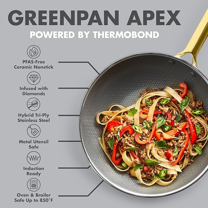 GreenPan Hybrid 11” Nonstick Stainless Steel Wok Pan, APEX Tri-Ply Thermobond