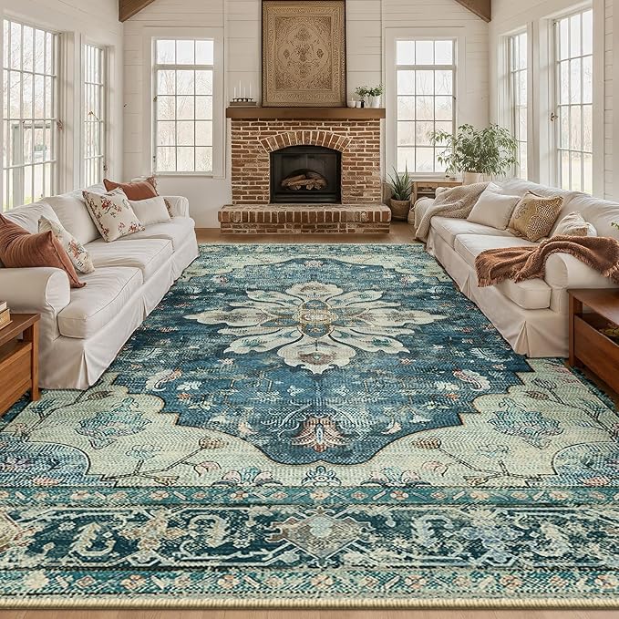Area Rugs 10'x14' Washable Non-Slip, Floral Vintage Distress Print Pattern - Image 2