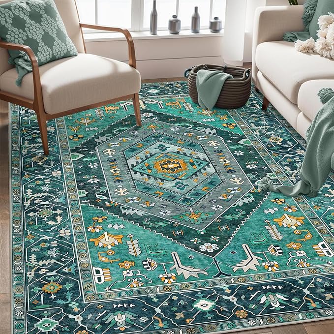 SERISSA 4x6 Boho Bedroom Rug, Washable Non Slip Vintage Teal Area Rugs - Image 5