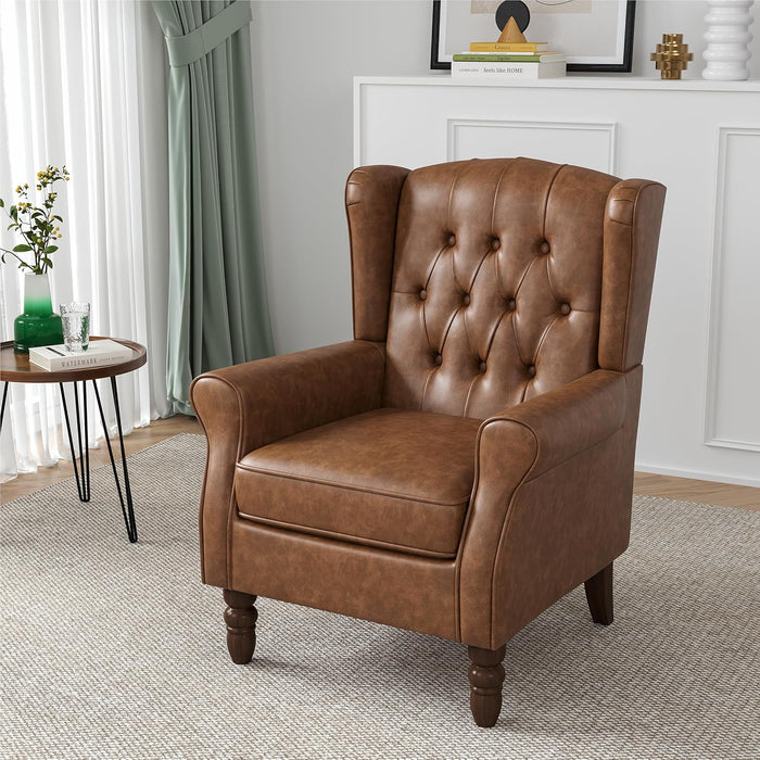 Faux Leather High Wingback Accent Chair, Tufted Armchair, Brown