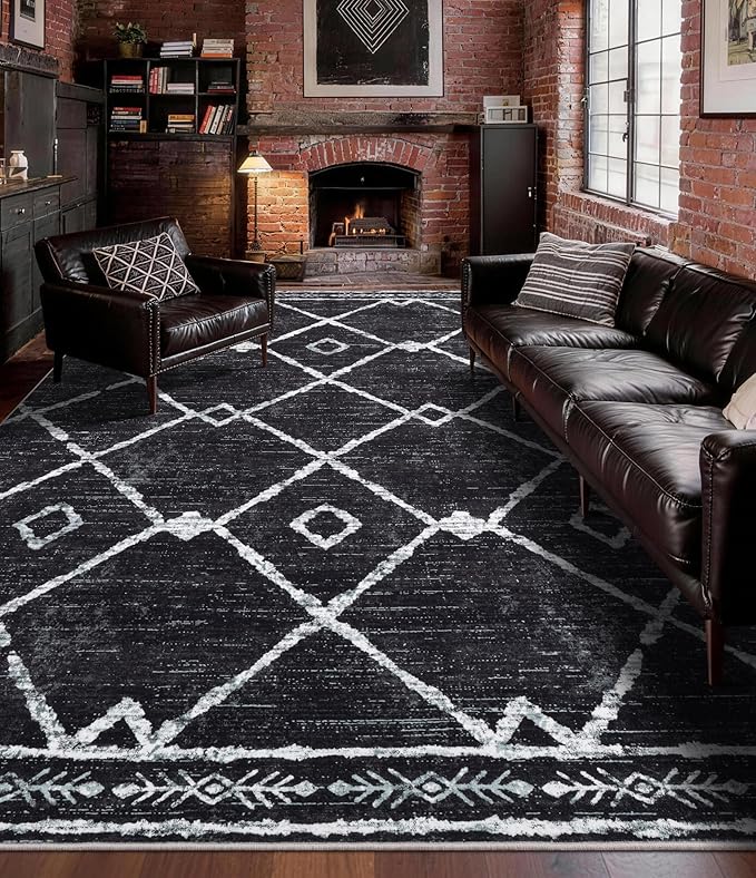 YIHOUSE Moroccan Rugs for Living Room, 8x10 Black and White Aztec Area Rug by YIHOUSE