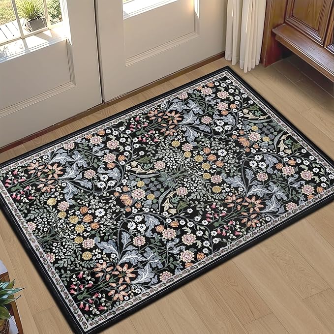 Entryway Rug 2X3 Small Rugs: Floral Washable Door Mat Vintage Soft Low Pile by PLHXFRSoftAreaRugs