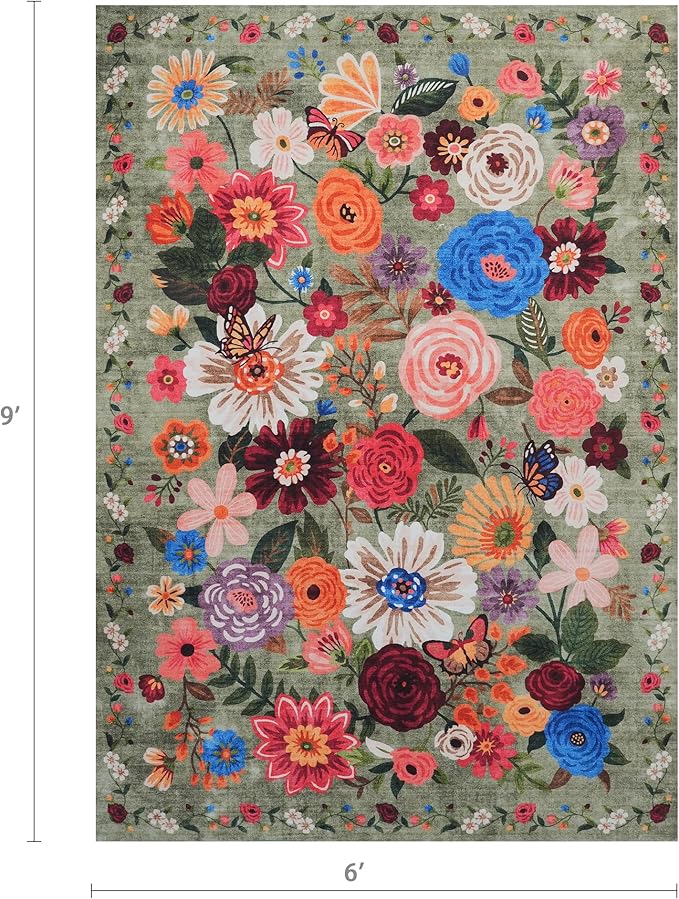 Floral Washable 6x9 Area Rugs Green, Soft Bedroom Rug - Image 2