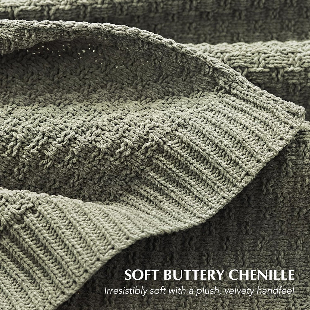 EVERGRACEHOME Chunky Chenille Knit Throw Blanket, Dried Thyme Green, 60x80