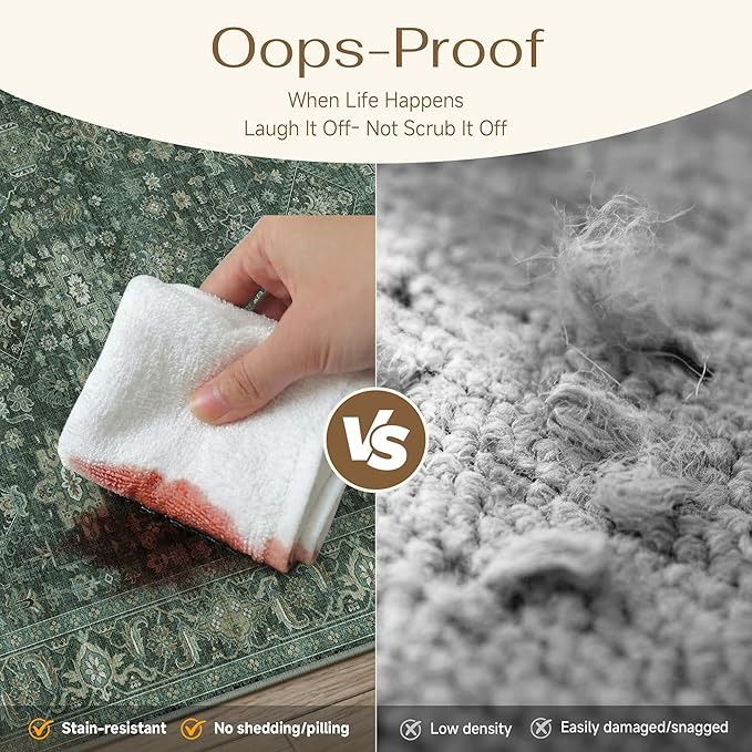 5x7 Washable Area Rug for Living Room Bedroom Vintage Green Soft Low Pile - Image 7