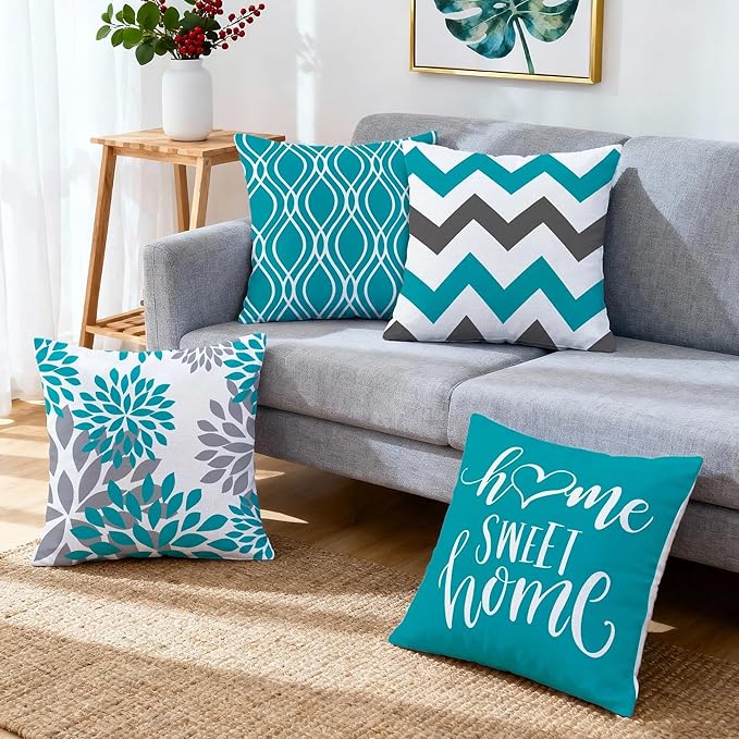 Hexagram Geometric Teal Pillow Covers 16x16 Set of 4, Decorative Outdoor Boho - Image 6