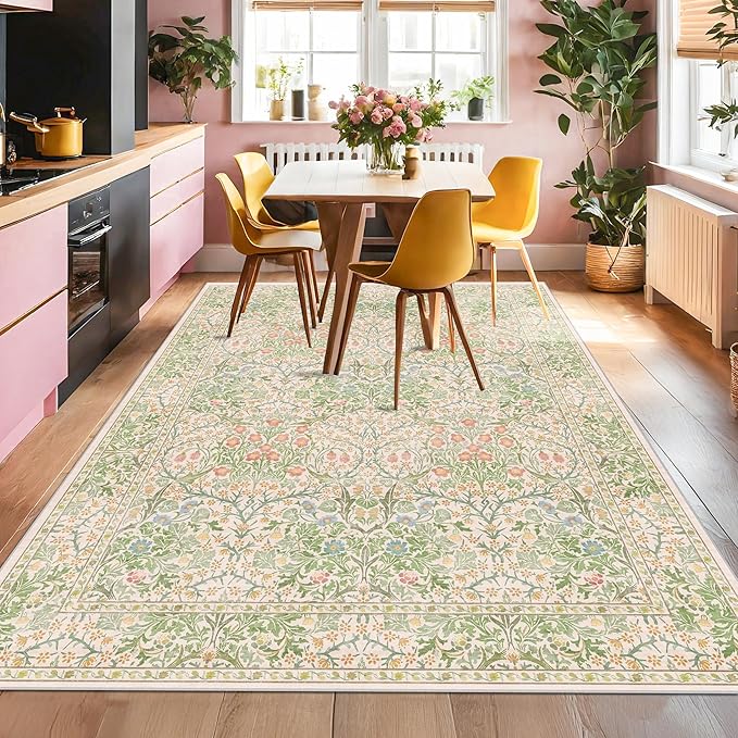 Hazo Haus Light Beige Green Floral Living Room Rug, 7x9 Washable Area Rug - Image 6