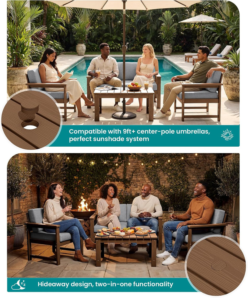 SERWALL 3 Pieces HDPE Outdoor Sofa Bistro Set with Cushions & Coffee Table