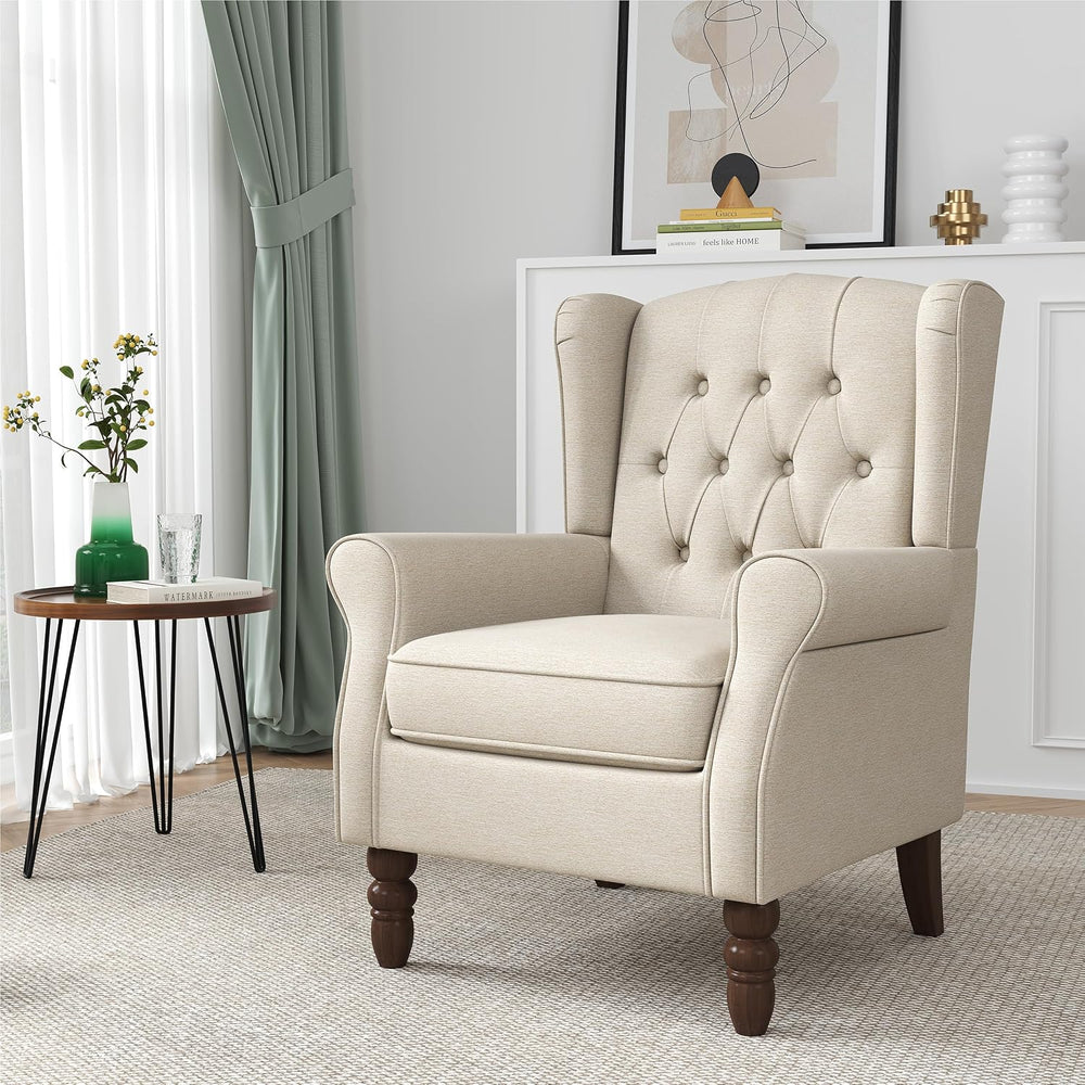 High Back Accent Chair, Tufted Wingback Chair for Living Room, Beige