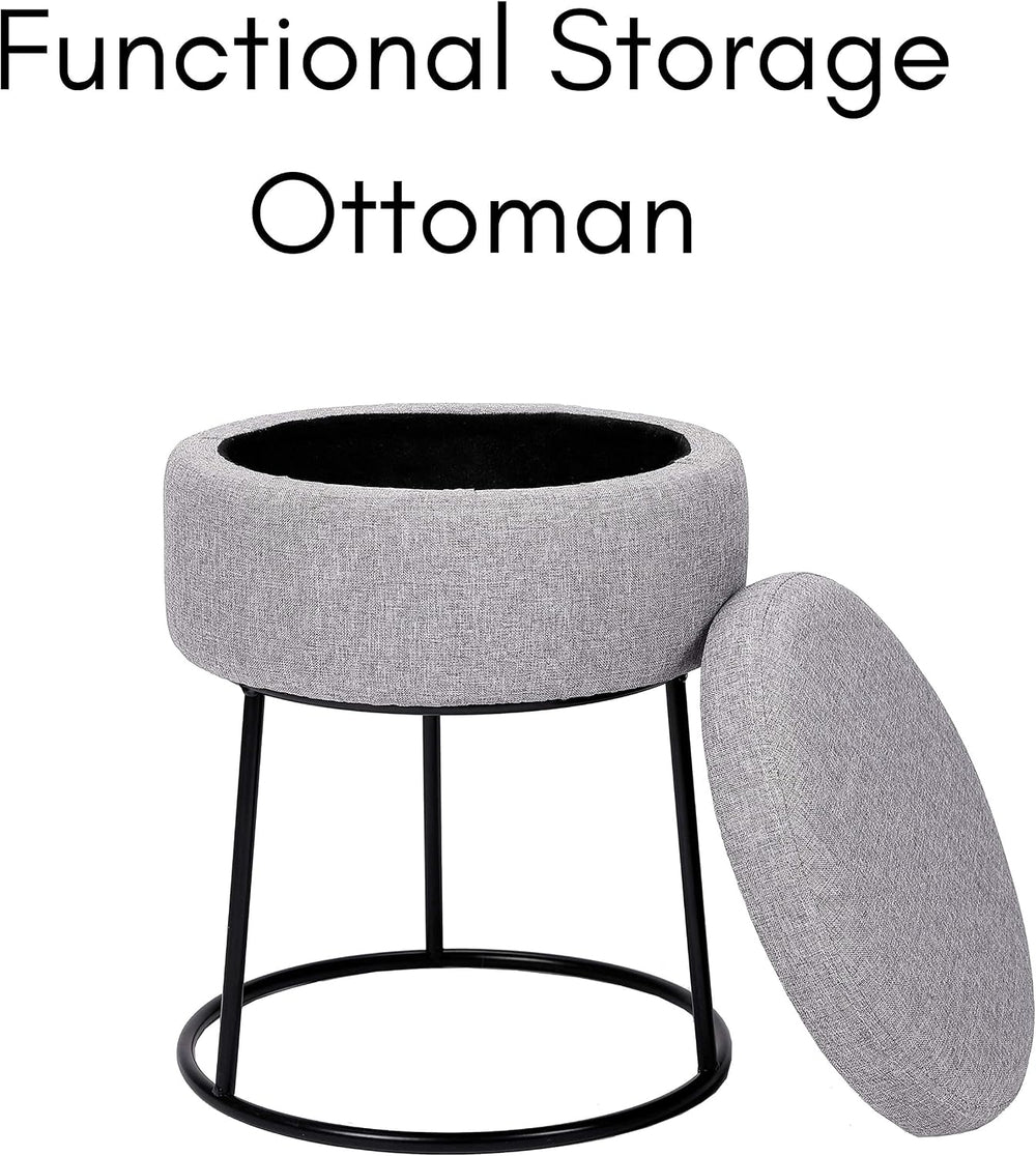 BIRDROCK HOME Grey Linen Storage Stool Ottoman w/Black Metal Leg Base, Soft C...