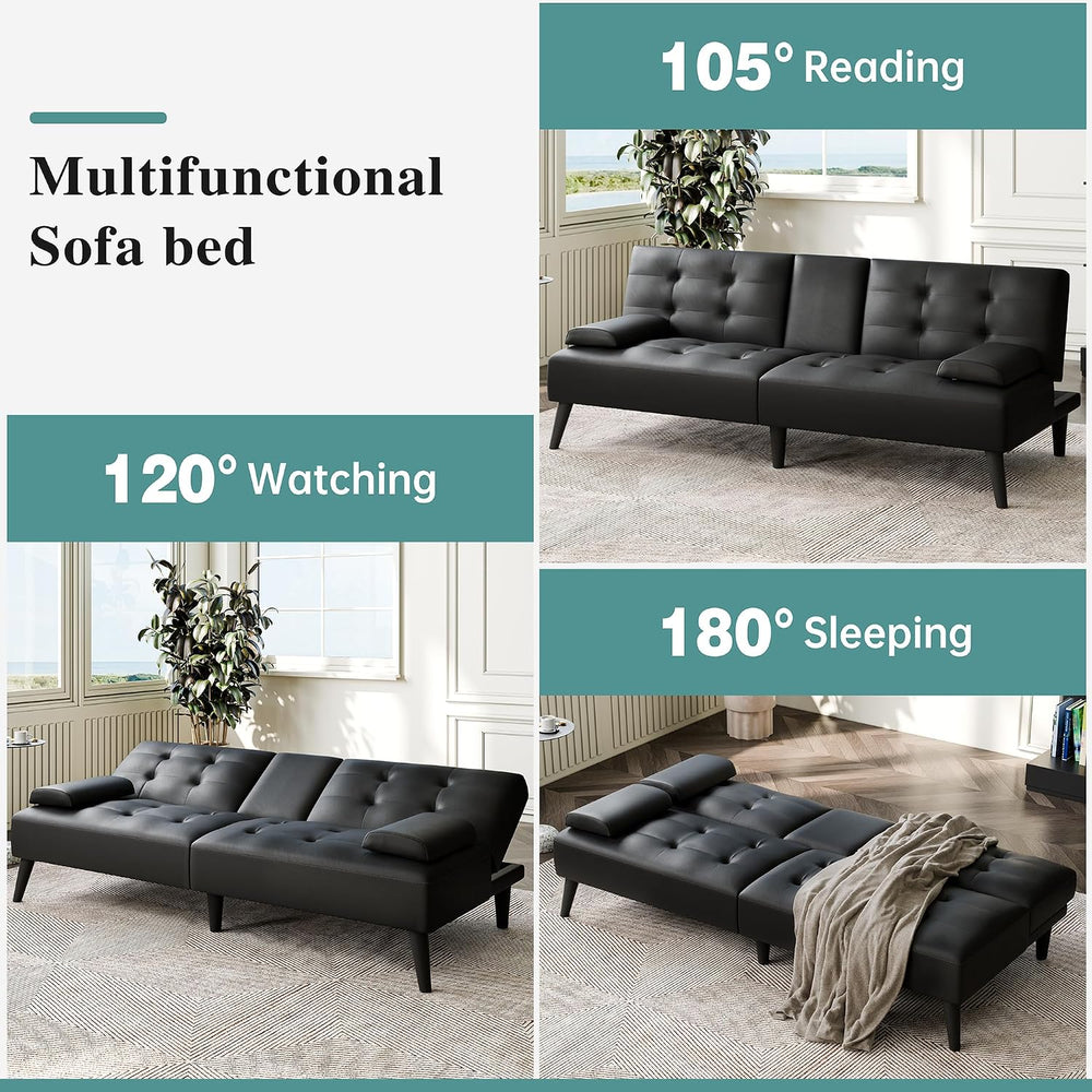 64" Futon Sofa Bed, Small Couch with 2 Cup Holders, Black