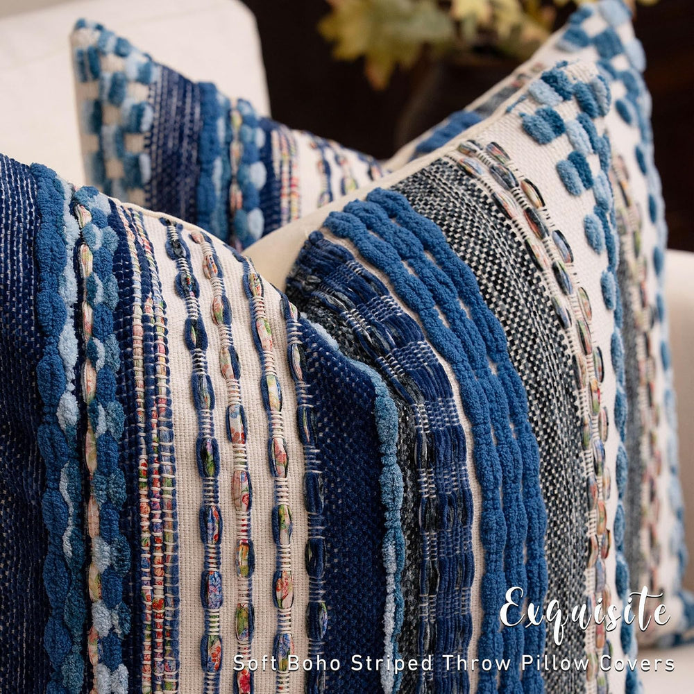Boho Chenille Tufted Throw Pillow Covers 18x18 Inch Set of 2 Farmhouse Blue W...