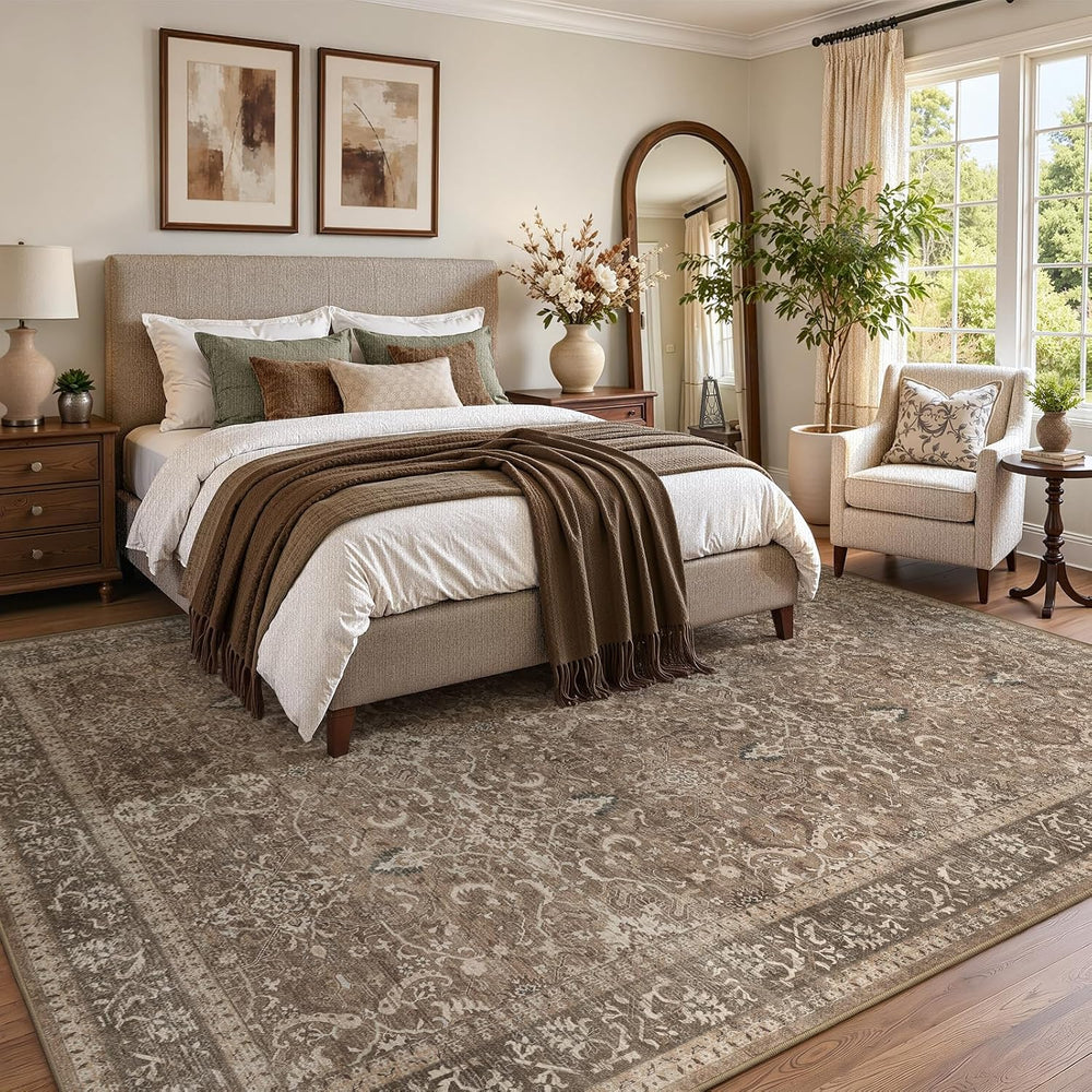 Washable Area Rug 8'x10' Living Room, Vintage Farmhouse, Light Brown