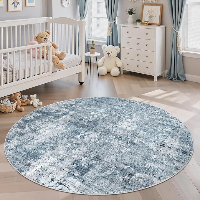 6x6 Blue/Grey Round Rug 6ft Living Room Circle Rug Vintage Round Area Rug Non - Image 3