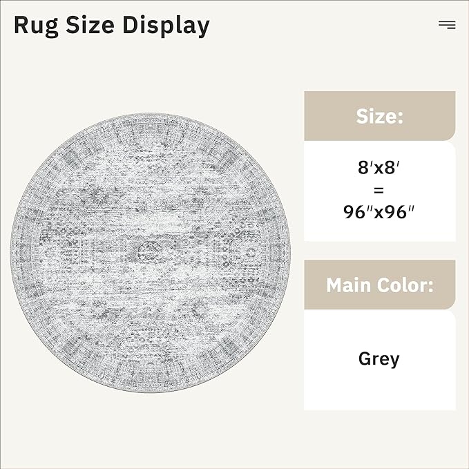 8x8 Grey Round Rug 8ft Living Room Circle Rug Vintage Round Area Rug Non Slip - Image 3