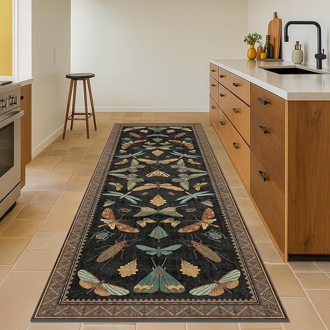 3x8 Green and Black Wide Hallway Runner Rugs - 8ft Washable Kitchen Floor Mats by HazoHaus