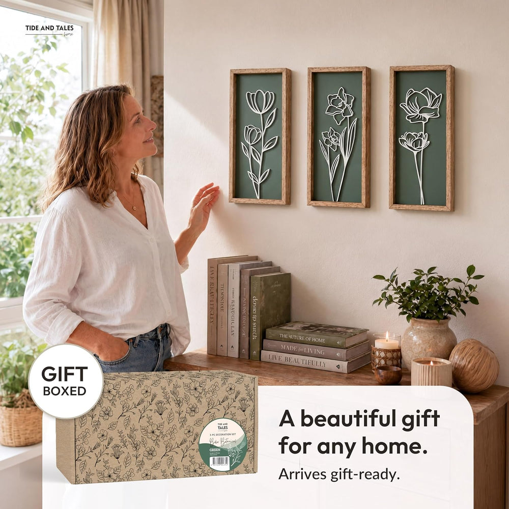 Tide and Tales 3d Green Wall Art, Wooden Botanical Wall Decor, Set of 3