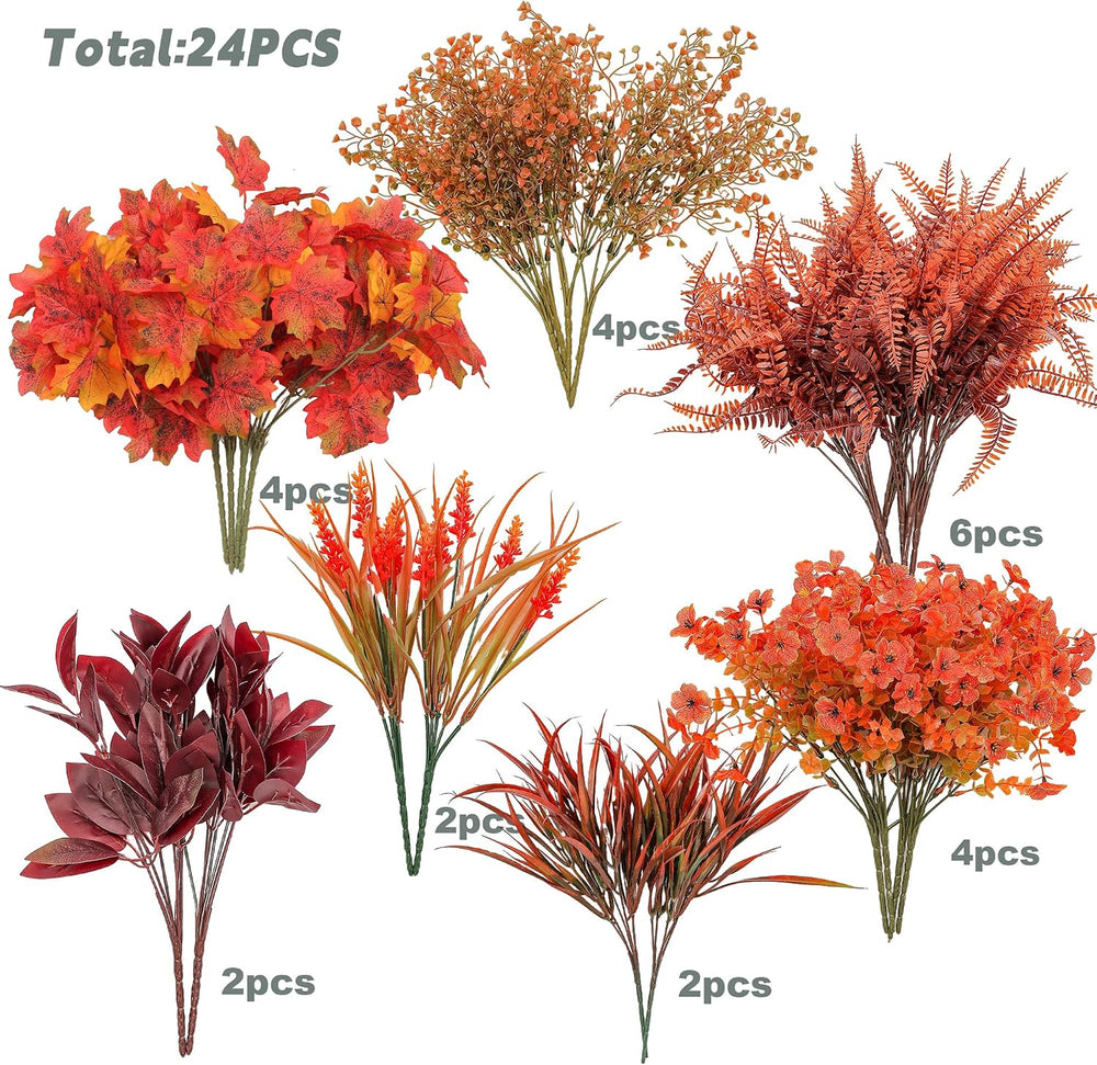 24PCS Artificial Fall Flowers Outdoors, Faux Maples & Mums for Outside