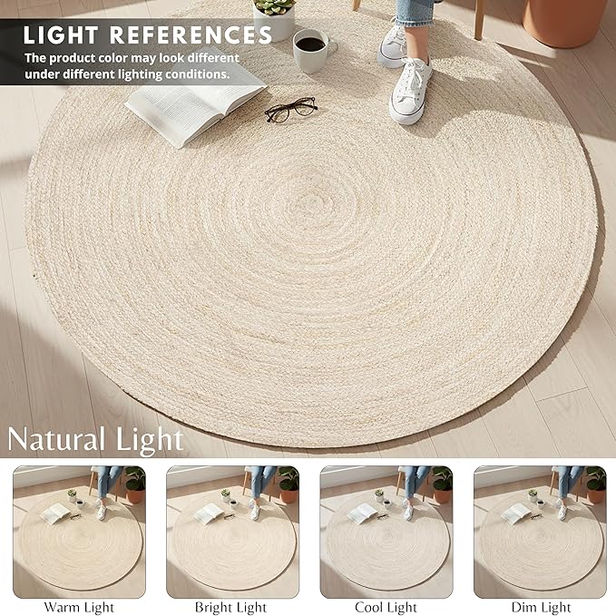 Hausattire Hand Woven Jute Braided Rug, 4’ Round – Off White, Reversible Boho - Image 8