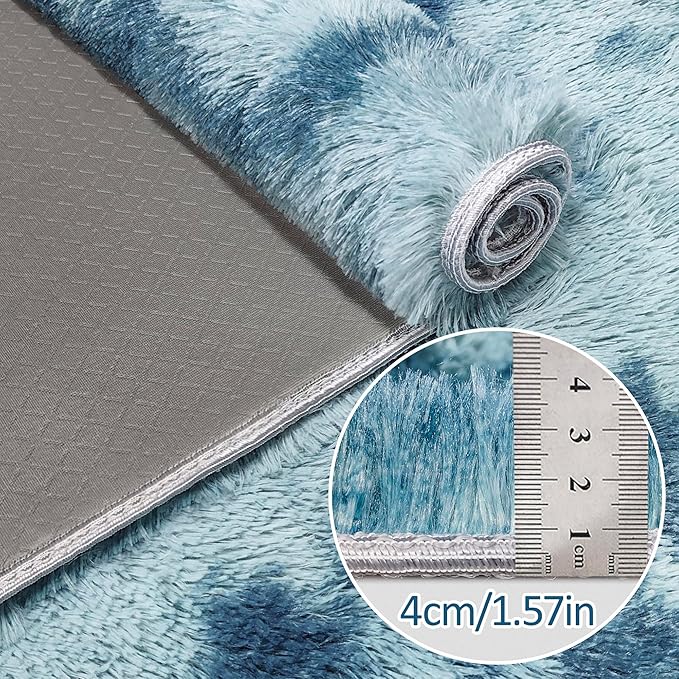 Super Soft Fluffy Living Room Area Rug 3x10 ft Tie-Dyed Light Blue Shaggy Furry - Image 5