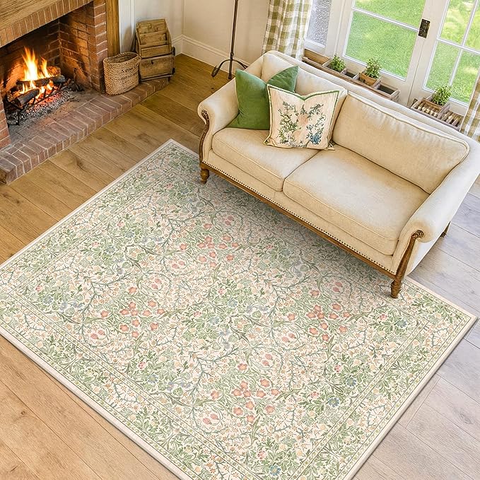 Washable Beige Green 5x8 Area Rug by HazoHaus