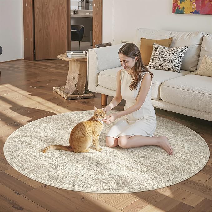 5x5 Beige Round Rug 5ft Living Room Circle Rug Vintage Round Area Rug Non Slip - Image 4
