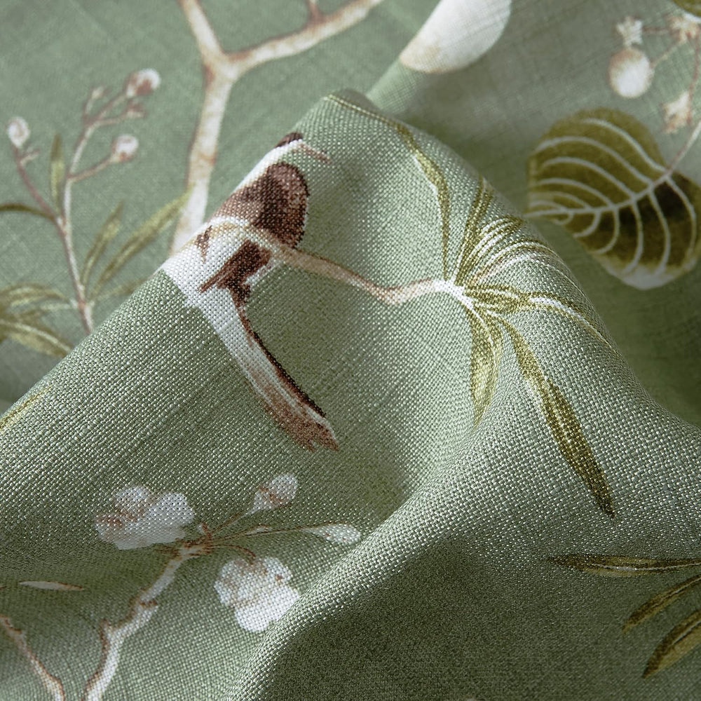 Vintage Bird Curtain Green Floral Print Grommet Linen Blend W55 X L84 Inch